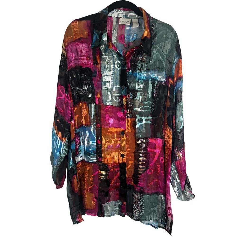 Chicos Silk‎ Patchwork Sheer Shirt L Colorful Resort Tropical Preppy Boho Indie